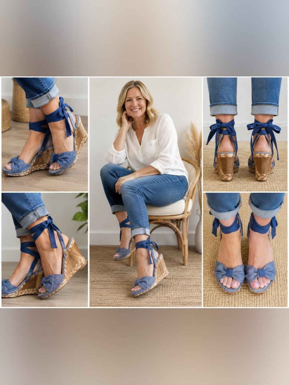 ugg traci navy blue denim bow wedge espadrille sandals size 8